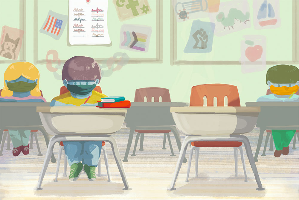 Cartoon of students sitting in a classroom wearing protective masks.