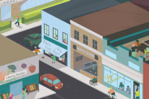 An illustration of the main street of a small town. There is a market, library, cafe, gym, and restaurant. People are walking on the sidewalk, are inside the buildings, and there is a car going down the street.