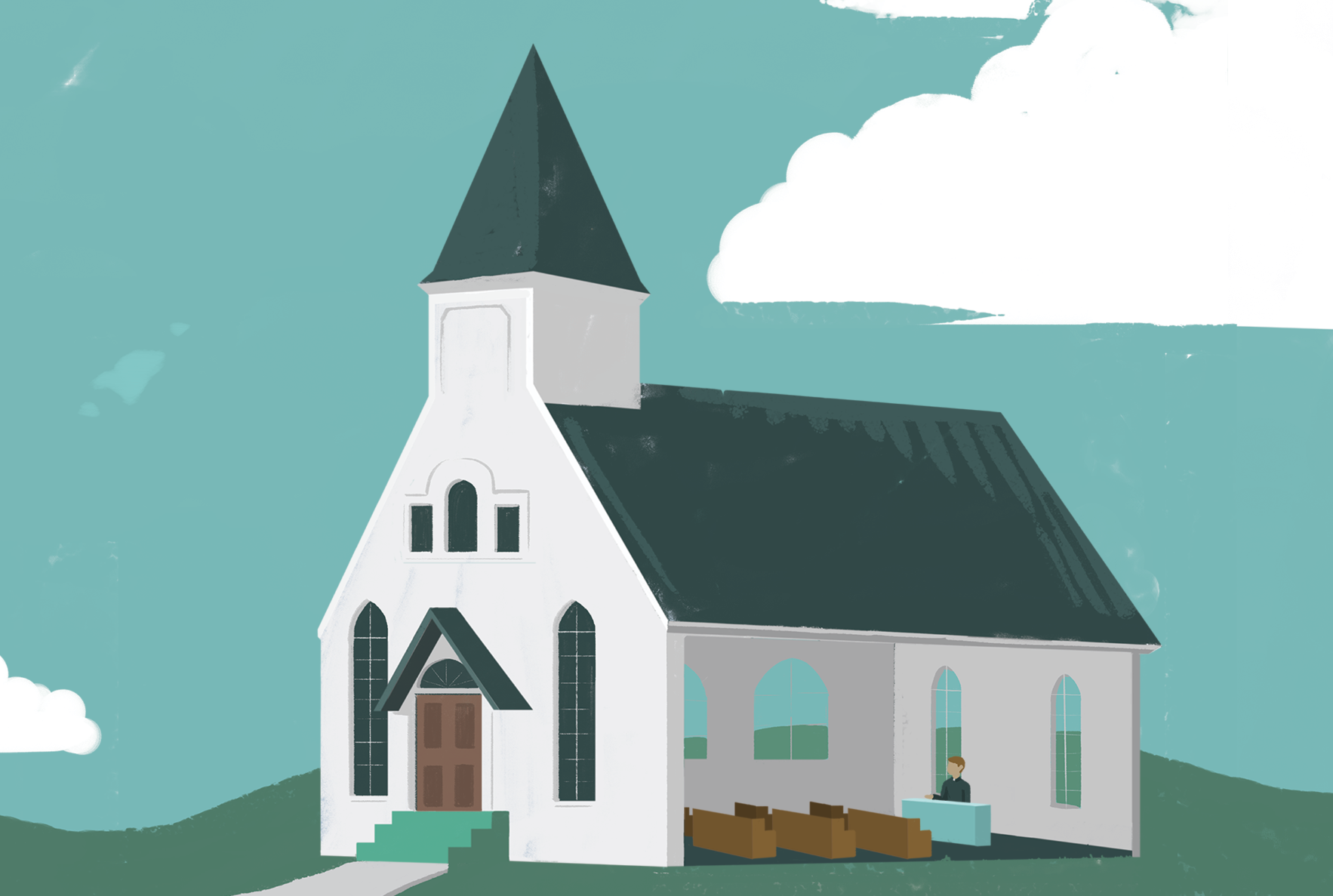 A cartoon drawing of a church. Inside of the church is a pastor looking at empty pews.