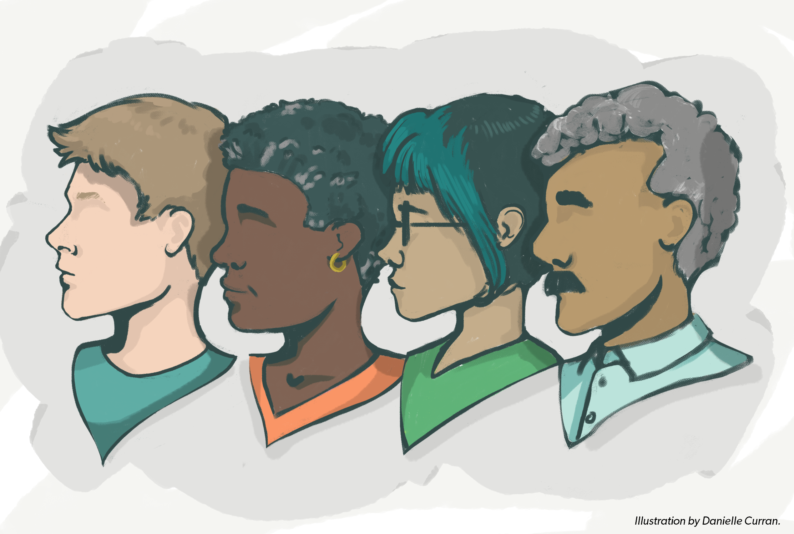 An illustration of the side profiles of four people. From left to right: a young white man with blond hair, an older Black woman with short, curly Black hair, a young woman with tan skin and black hair with a blue streak, an older man with darker tan skin with curly grey hair and a mustache.