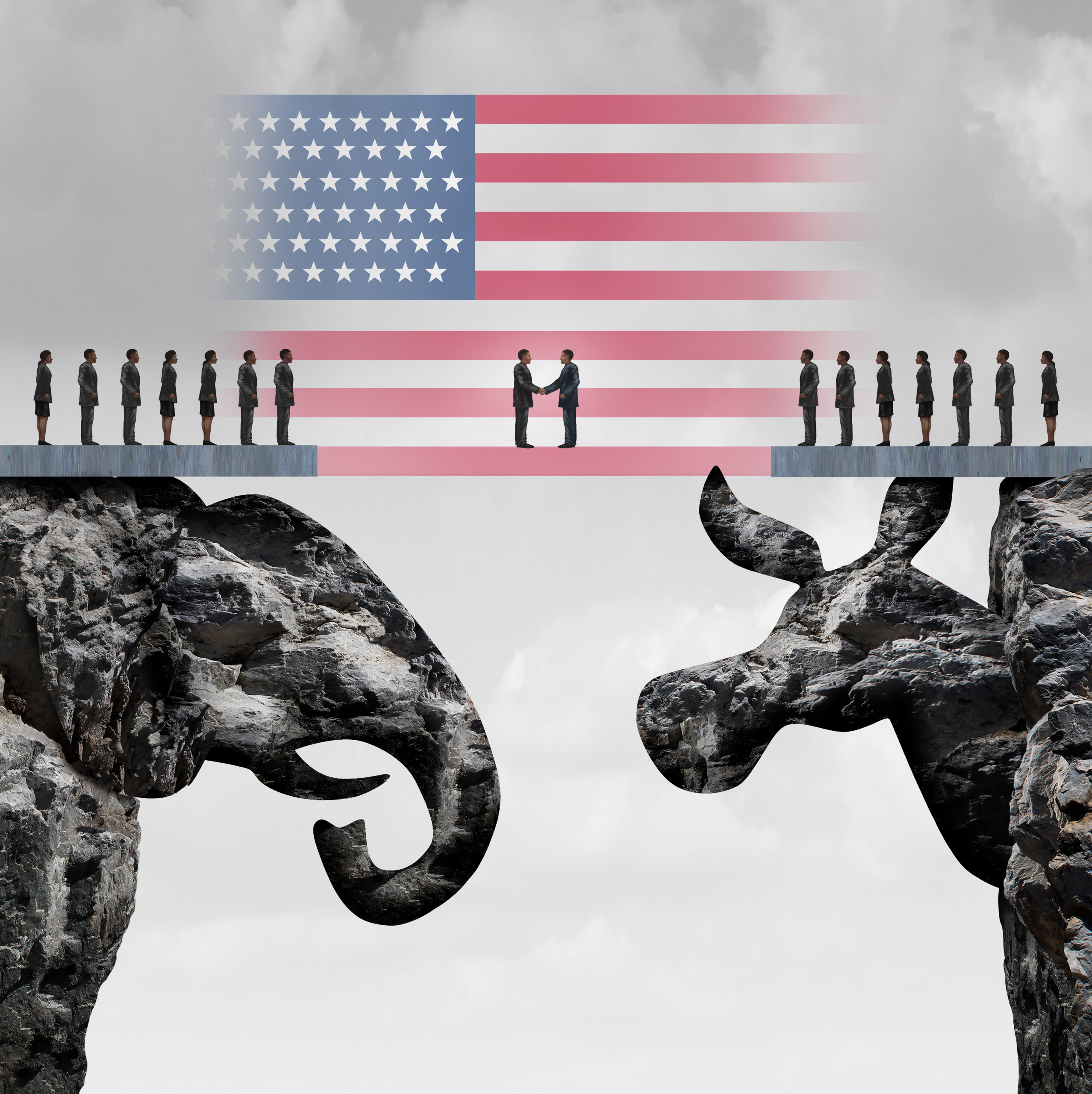 Artists rendition of two people meeting in the middle of a bridge held up by a stone elephant and stone donkey. There is an American flag in the background.