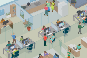 A cartoon showing a vibrant office from the ceiling view.