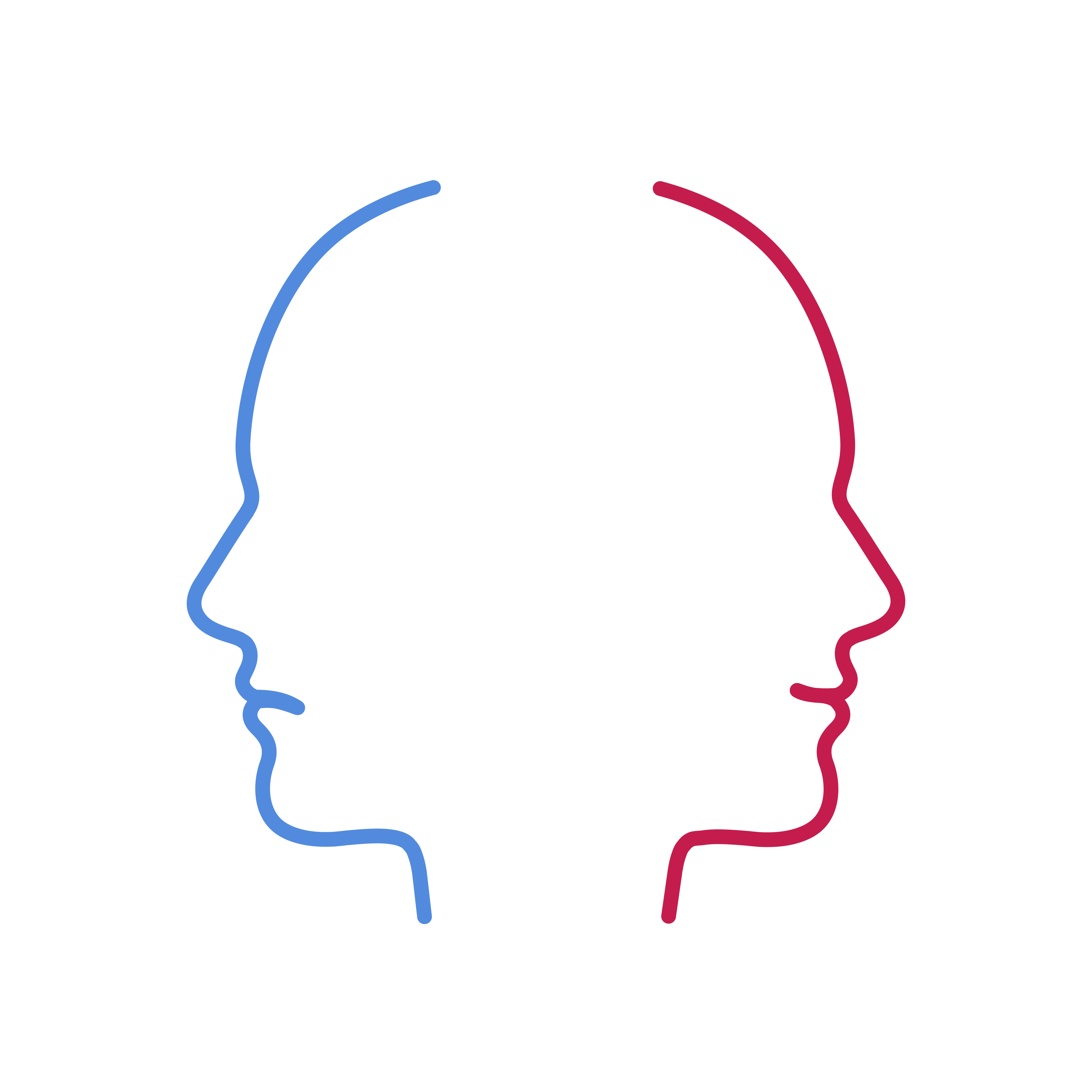 A rendition of the side profiles of two faces opposite each other, one is red and one is blue