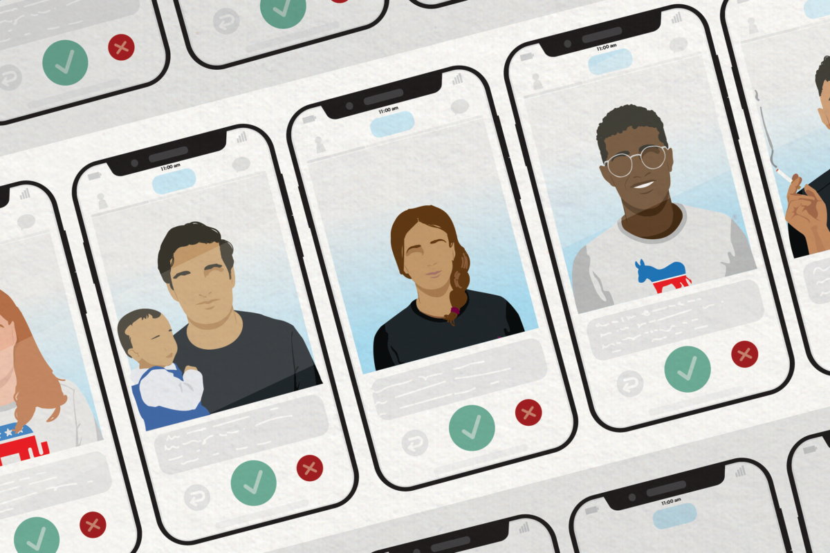 Cartoon rendering of a series of different online dating app prospects, on phone screens