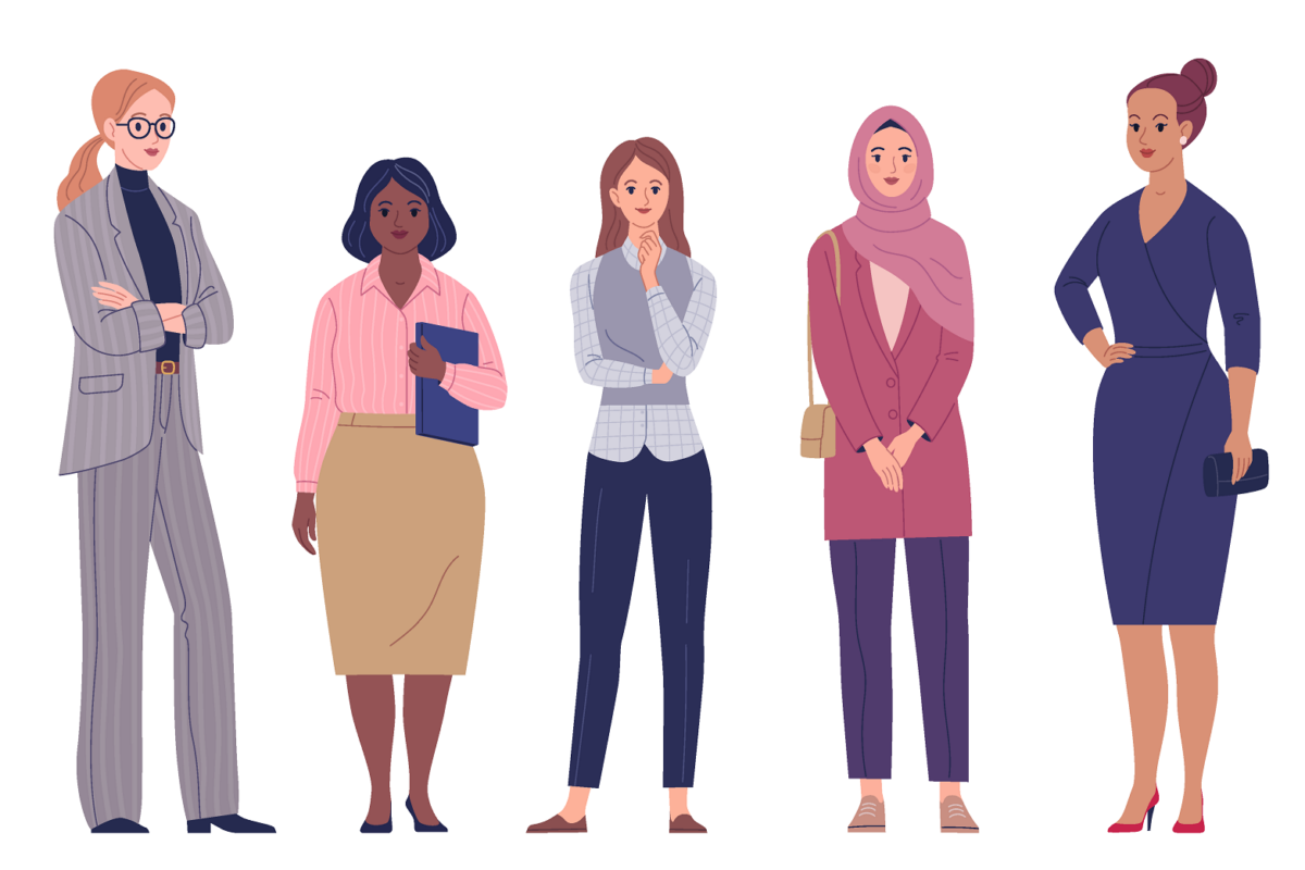 a series of cartoon women in business casual attire on a white backdrop.