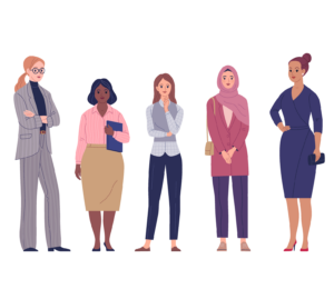 a series of cartoon women in business casual attire on a white backdrop.