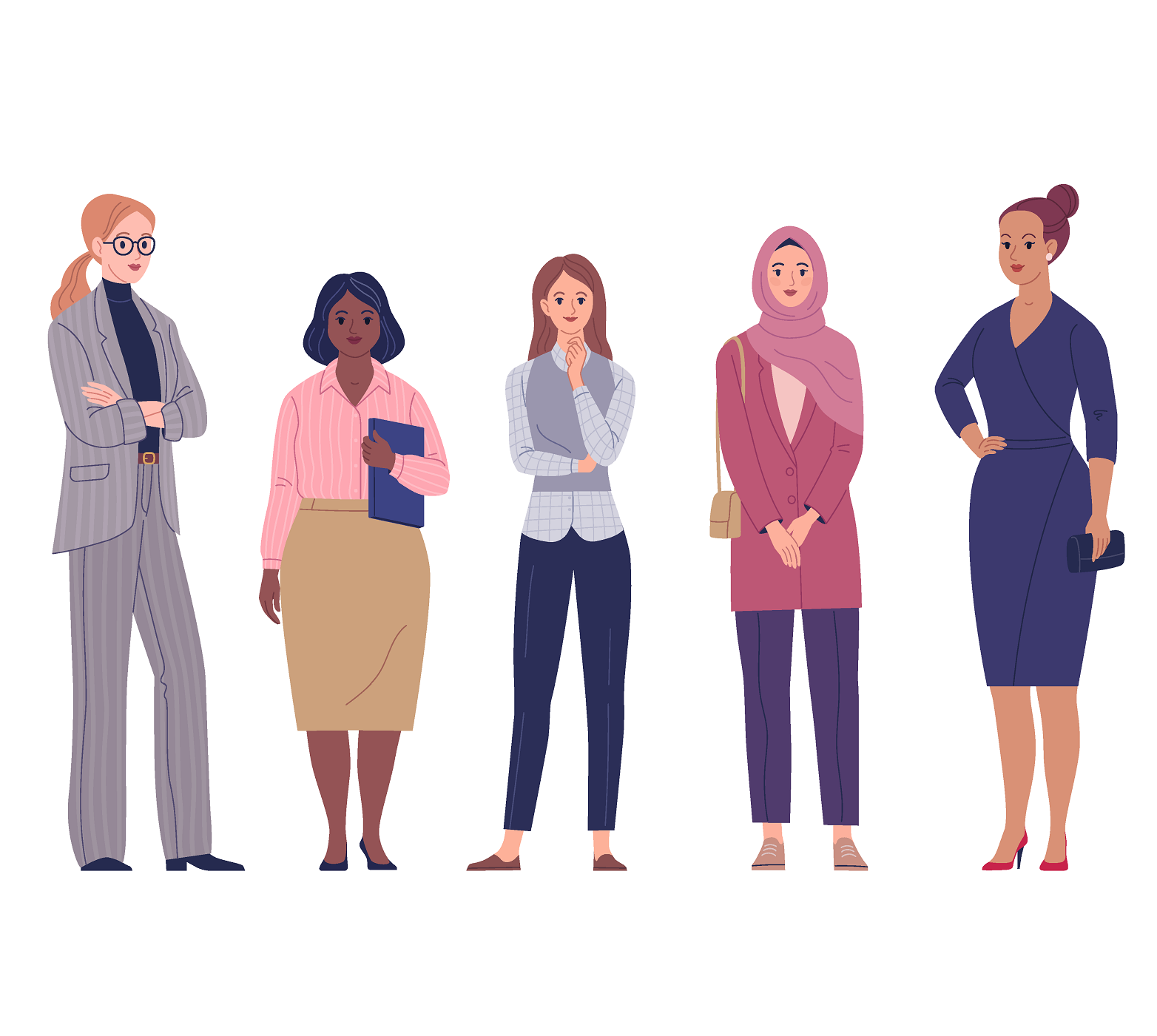 a series of cartoon women in business casual attire on a white backdrop.