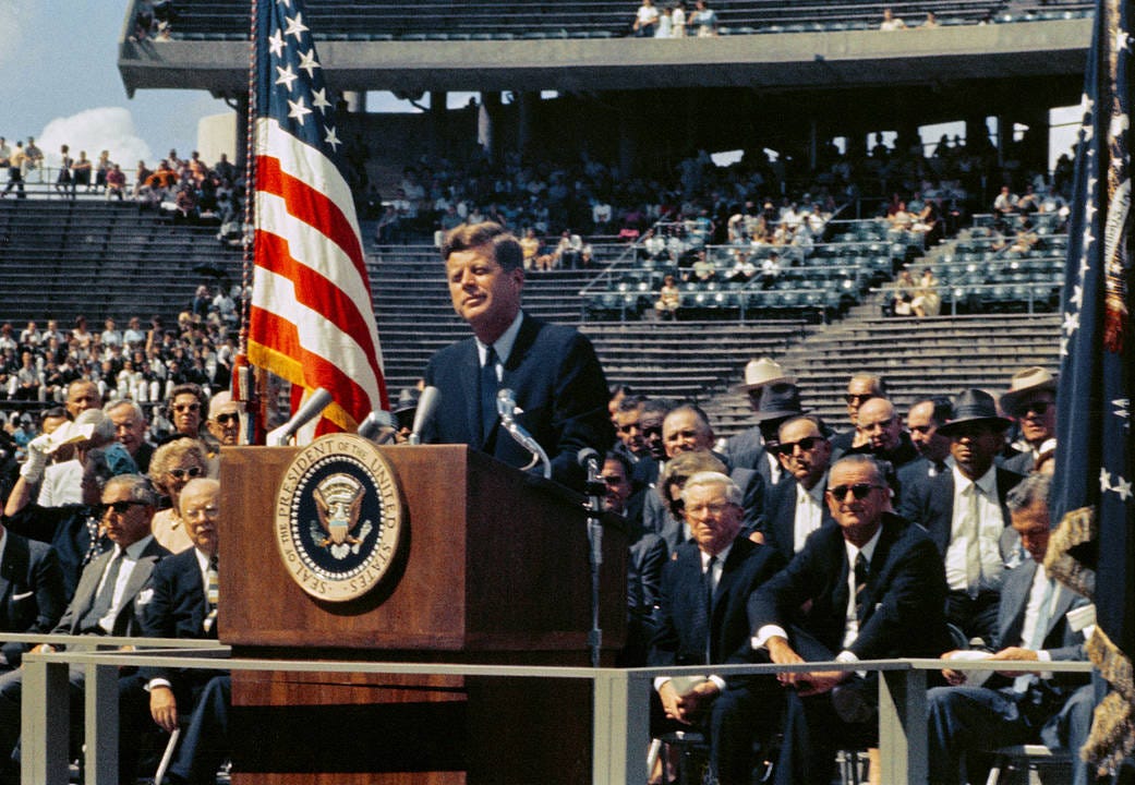 President John F. Kennedy delivers his famous “We Choose to Go to the Moon” speech at Rice University on September 12, 1962. (Source: NASA)