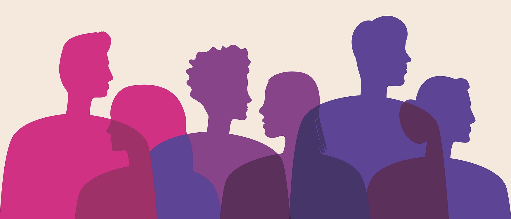 Bisexual people in the color of the bisexual flag. Silhouette vector stock illustration. Bisexuals as a community of LGBTQ, bisexualism. People's faces in profile. Isolated illustration