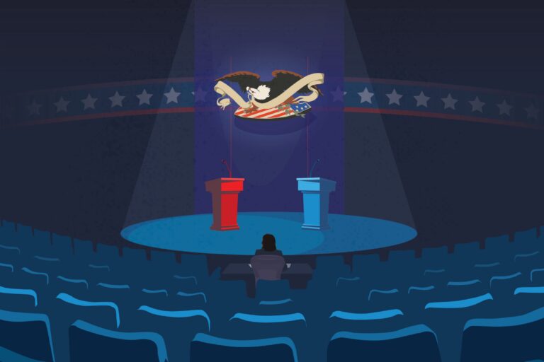An empty debate stage featuring red and blue podiums below a stage light face an audience of nearly-empty seats.