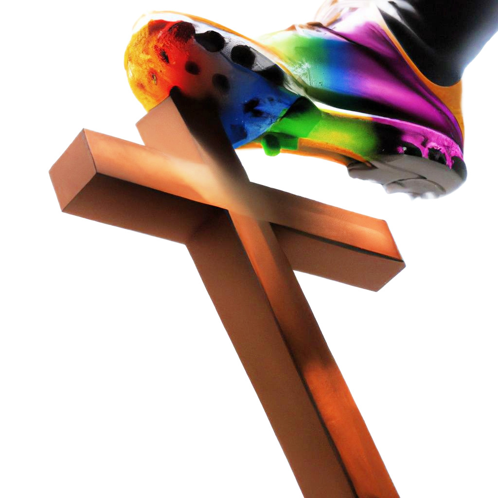 Pride-flag colored cleat stomping on a cross. AI-generated.
