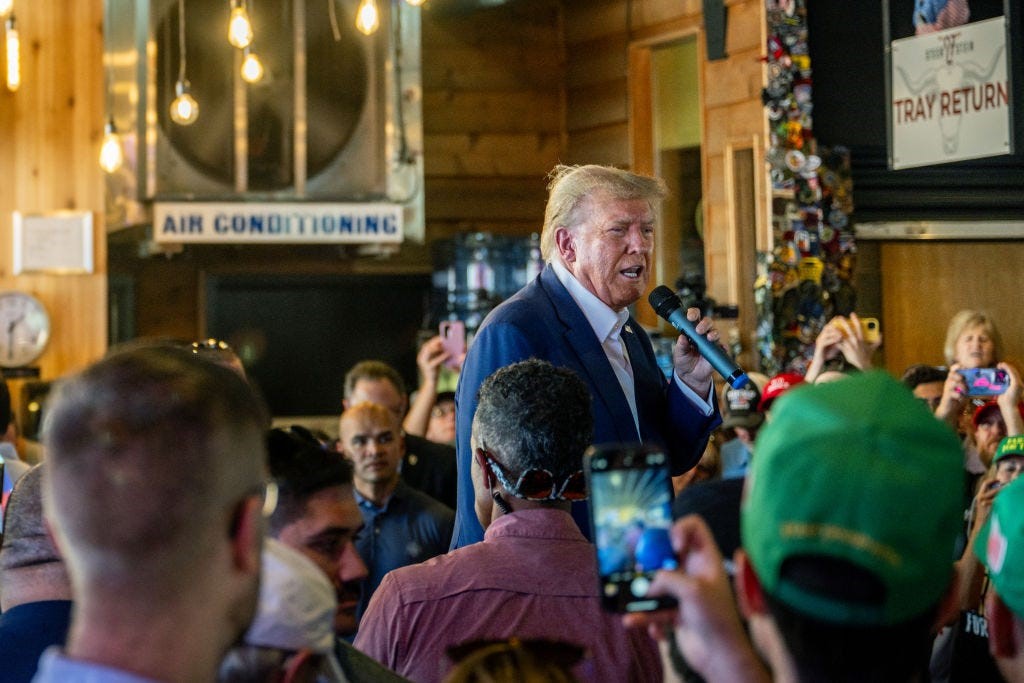 Former U.S. President Donald Trump speaks during a rally at the Steer N' Stein bar at the Iowa State Fair on August 12, 2023. (Photo by Brandon Bell/Getty Images)