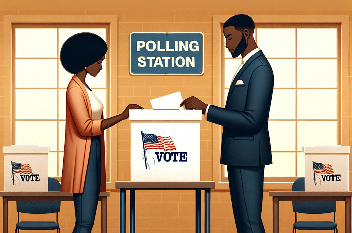 Computer-generated image of black voters next to ballot box